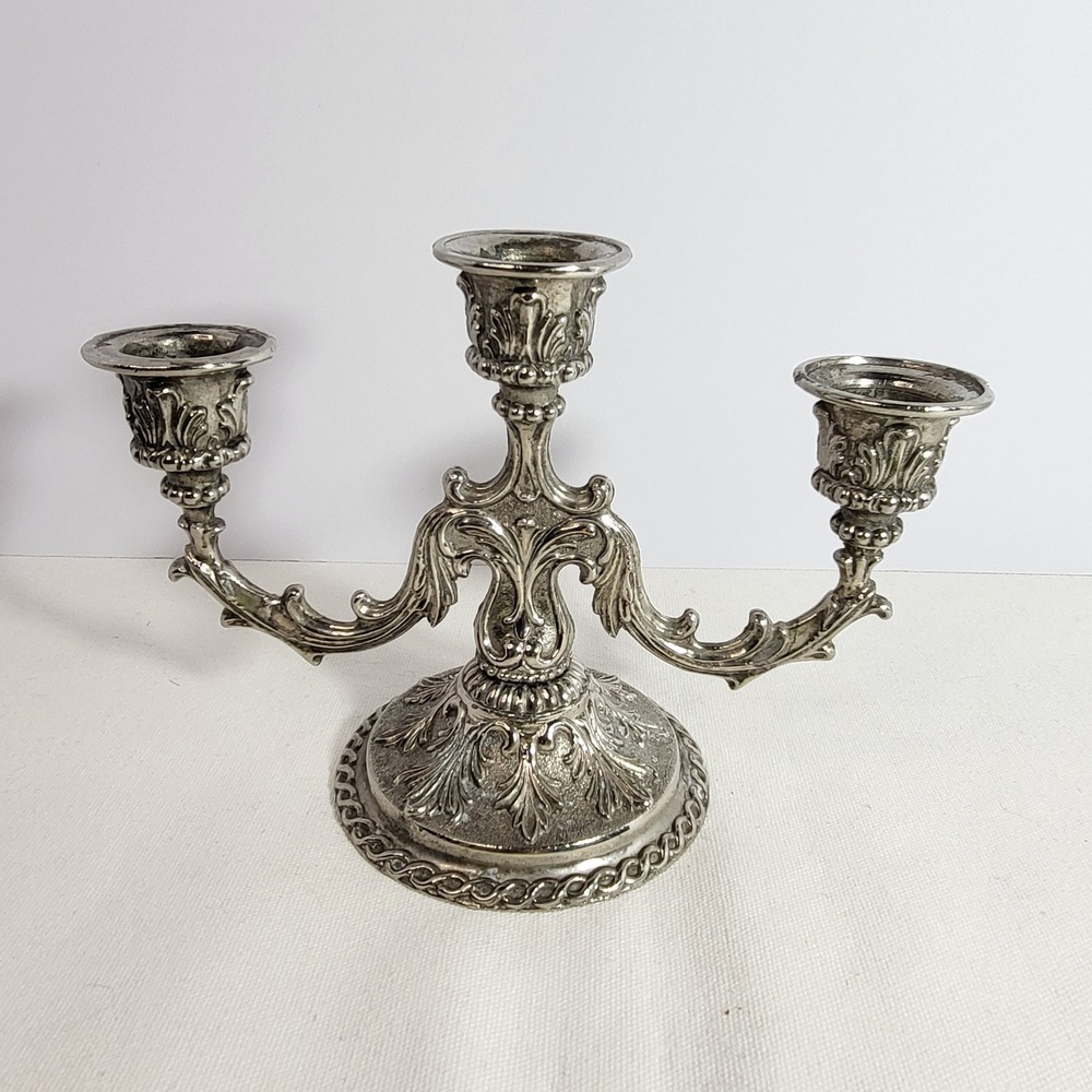 Vintage Silver Tone 3 Arm Candelabra Ornate Baroque Style Candle Holder 7 inch